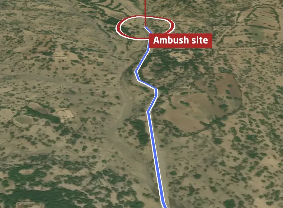 3D satellite view of the road outside Chinarak, with the fighters' route in blue leading to the ambush site ringed in red.