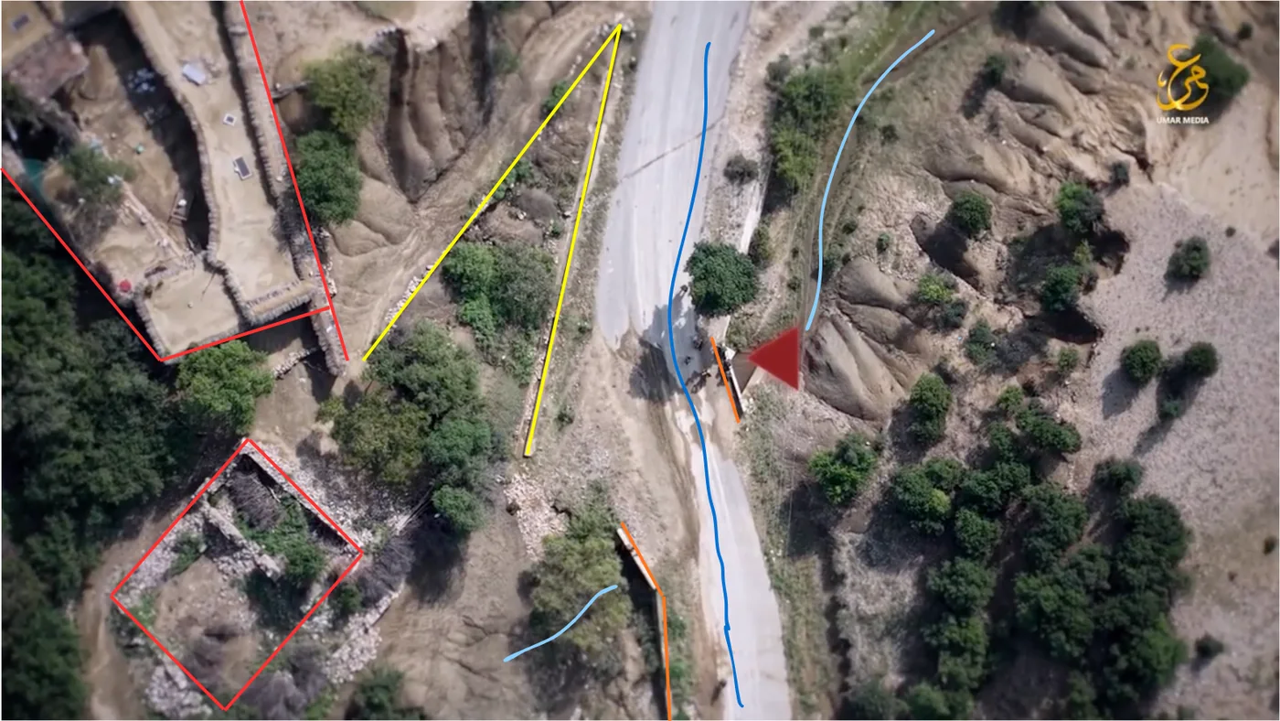 Frame from the drone footage, with analyst markings