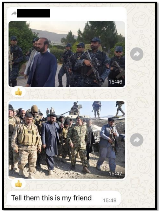 Screenshot from the criminal complaint showing two forwarded photographs of Qadeer surrounded by armed guards, followed by the message 'Tell them this is my friend'.