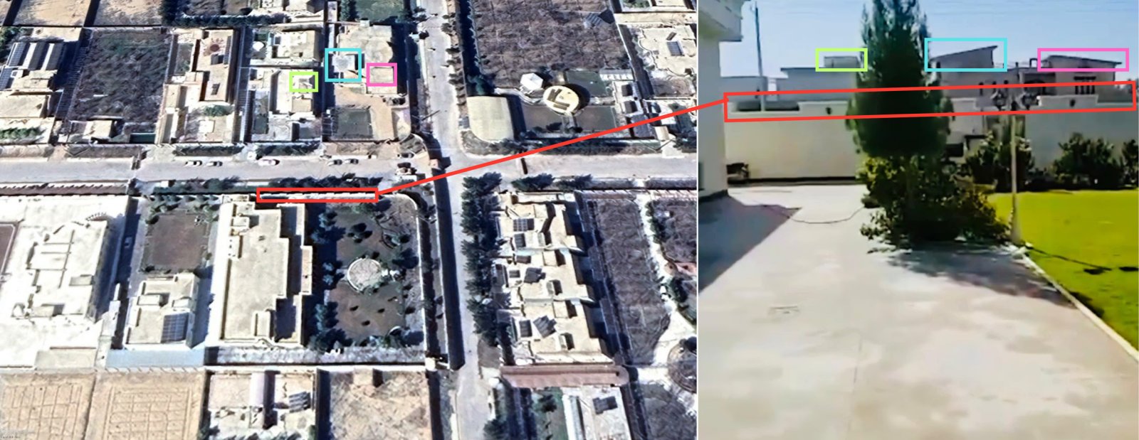   Figure: Geolocation of a video from inside the courtyard of a guesthouse frequented by senior Taliban and their supreme leader, northeast of Kandahar city. Geolocation: 31.623271, 65.775213  