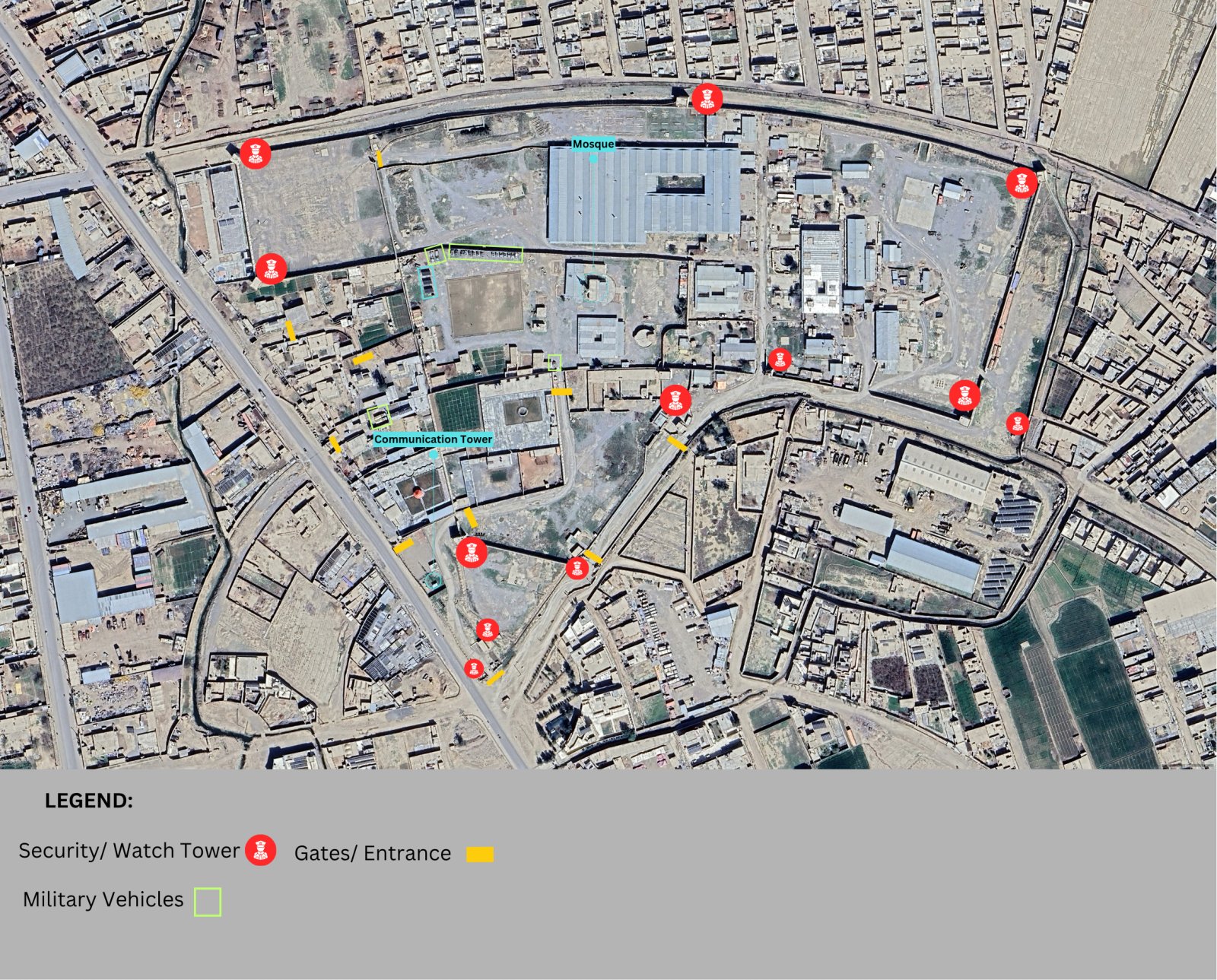   Figure: Image showing the “Unknown Compound” surrounded by industrial and residential areas. Geolocation: 31.630477, 65.734954  