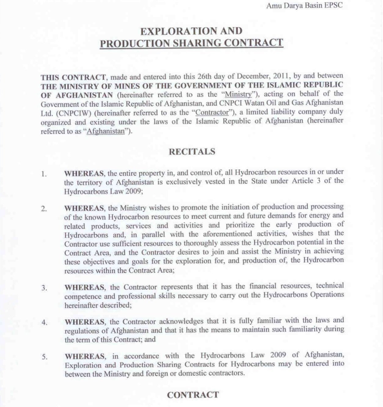  Pictured: Front page of the 2011 contract between the Watan Group and CNPCI.  