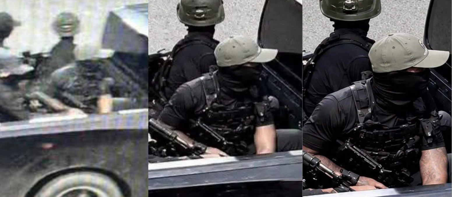 Three versions of the same CCTV crop side by side: the original low-resolution frame on the left and two AI-upscaled versions on the right, the last showing tattoos on an arm.