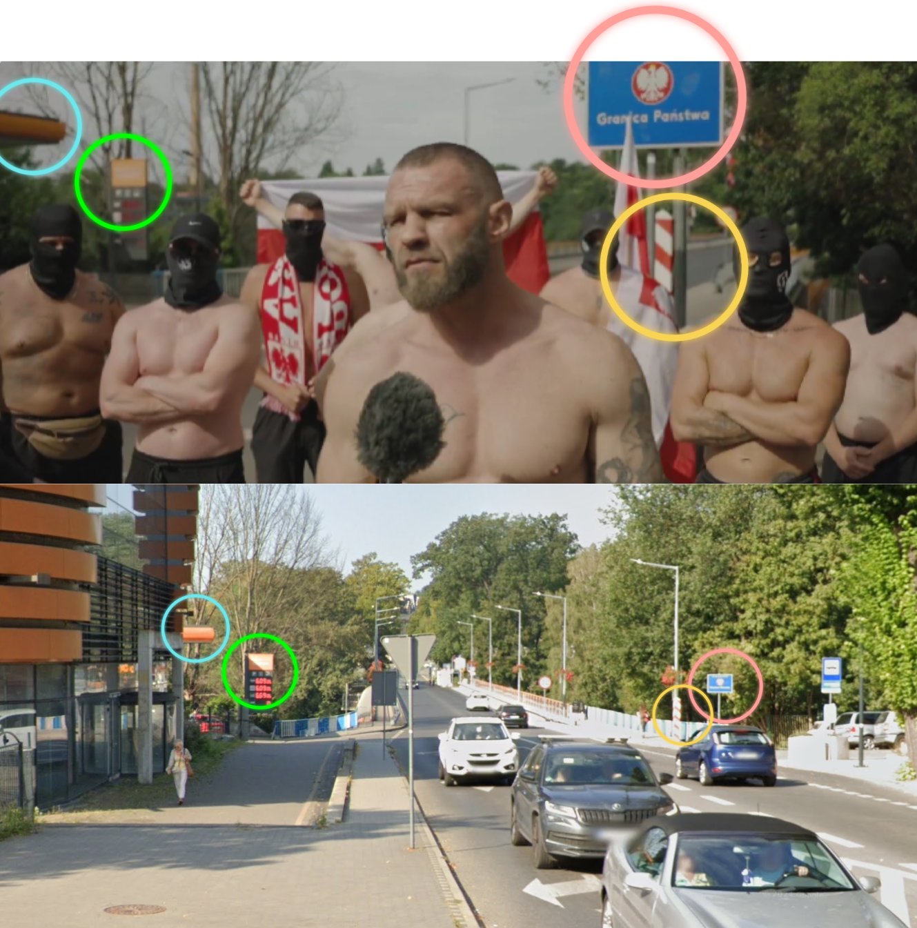 Figure: Geolocation of the video (N51° 09.024' E015° 00.086') near Zgorzelec Bridge, Görlitz The video was filmed in front of a petrol station before the town bridge of Görlitz between Zgorzelec and Görlitz. See the matching petrol station, border sign, and red and white spiked pole to the right of the bridge.