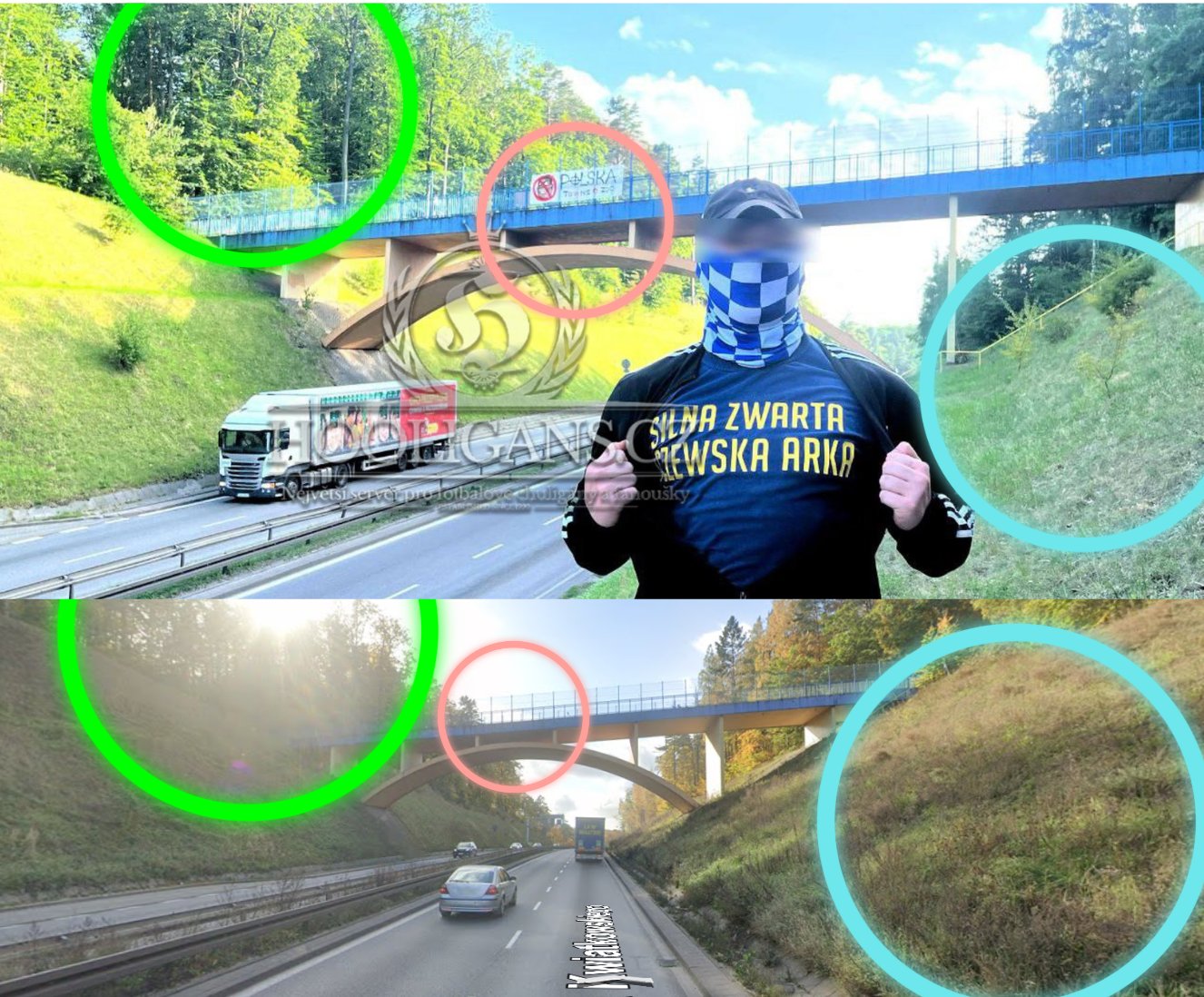 Figure: Geolocation of a photo that shows a banner above a dual carriageway, 6 km from Arka Gdynia's stadium. Coordinates: 54°31'24