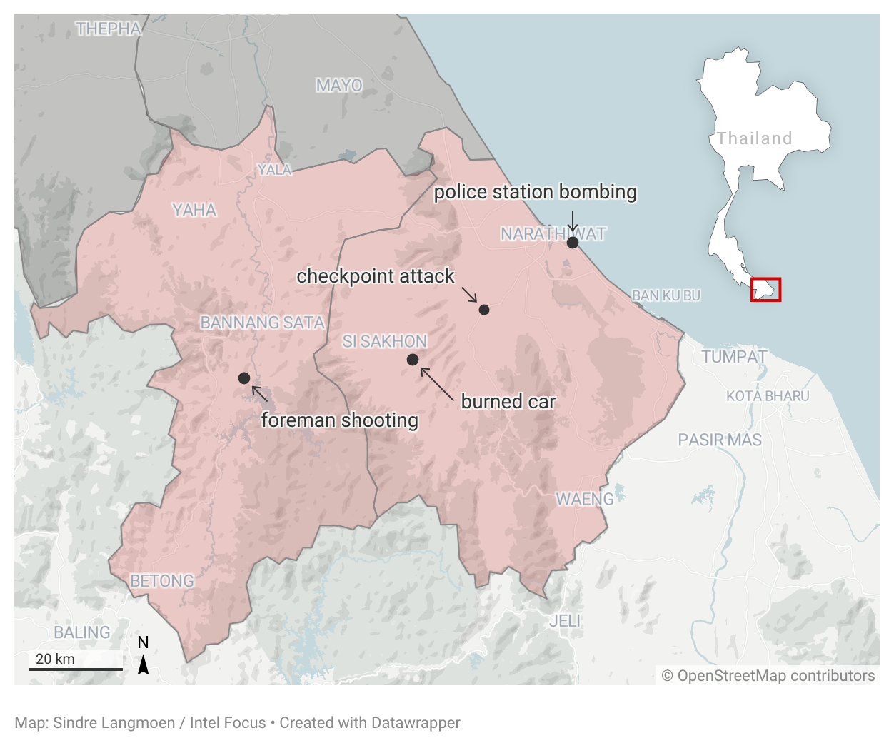 Map of Narathiwat and Yala provinces marking the police station bombing on 21 July, the checkpoint attack and burned vehicle on 22 July, and the shooting on 23 July.