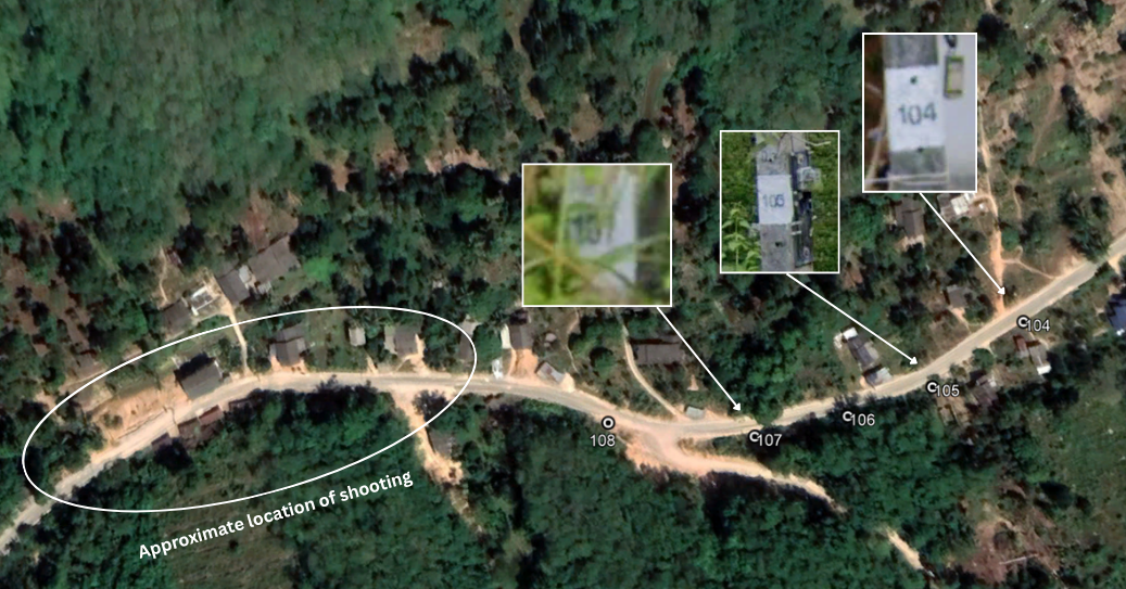 Google Earth view of the road in Khuean Bang Lang subdistrict with the approximate position of pole 115 marked.