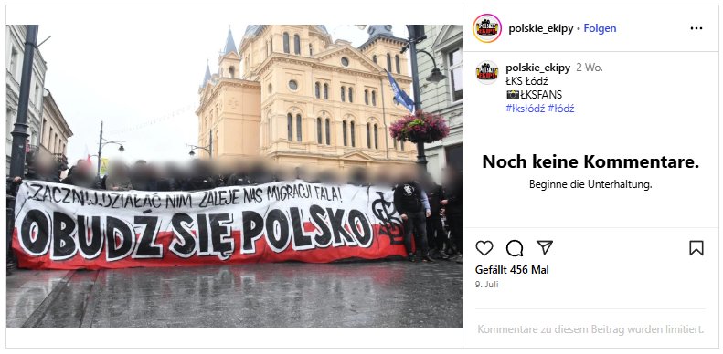 Figure: On Instagram, @polskie_ekipy posted a banner from a demonstration in Łódź: ‘ Start acting before the wave of migration overtakes us! Wake up Poland! ’