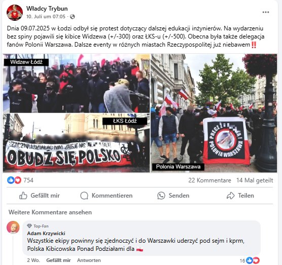 Figure: A post on Facebook on the same date as 10.07.2025 that shows Wladcy Trybun celebrating the united protest in Lodz