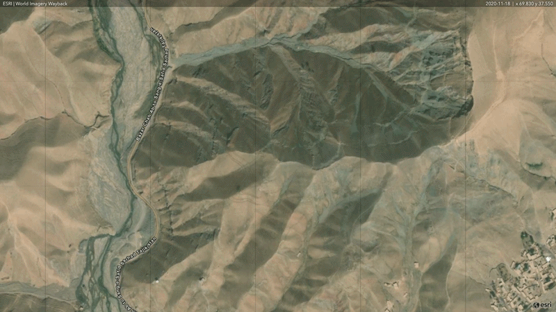   Pictured: Satellite imagery obtained from Esri indicates major changes to the Samti gold mine between 2020 and 2025. Coordinates: 37.549535, 69.829641  