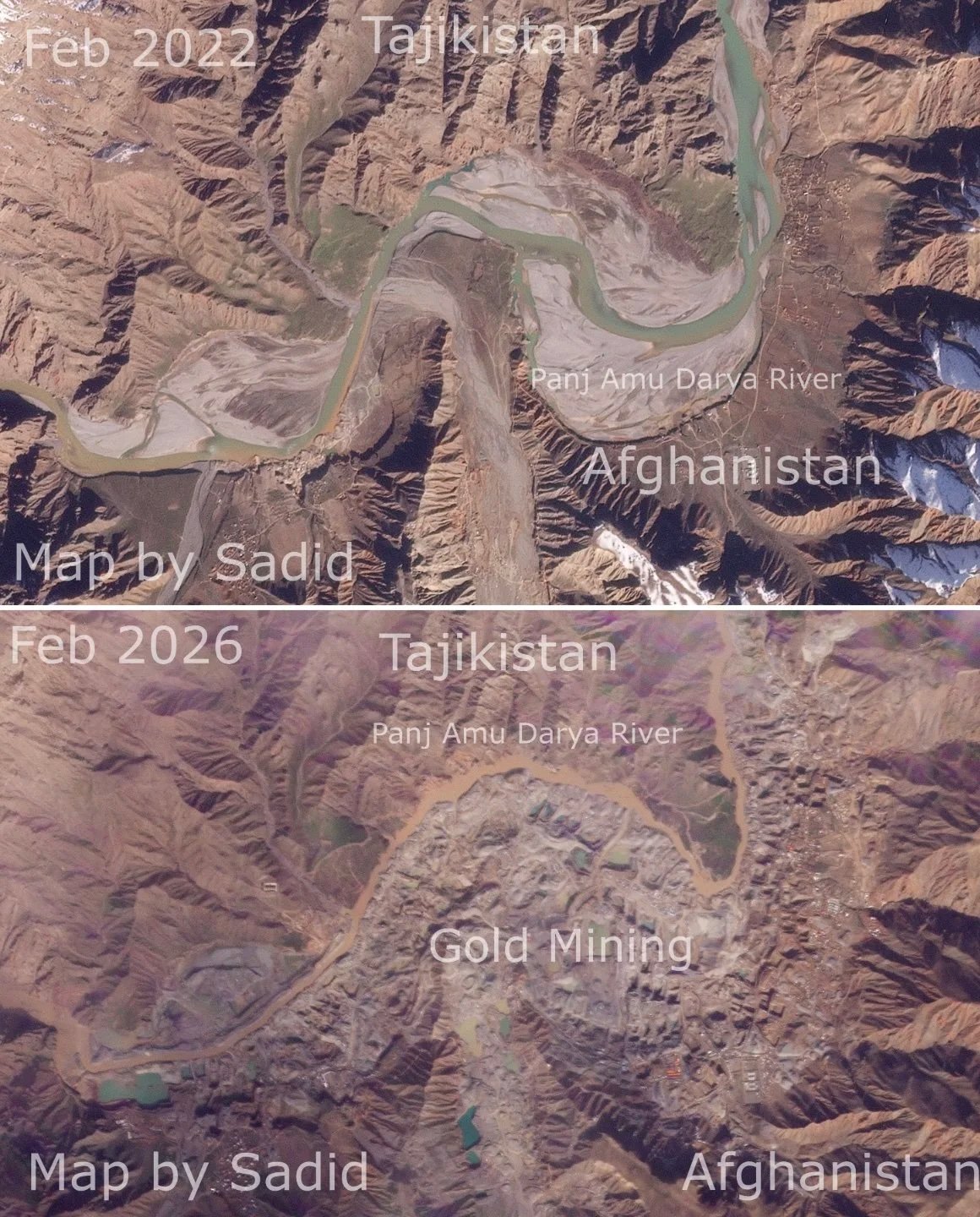  Figure: Sadid’s post to X on February 16, 2026, displaying the gradual shift of the Panj River towards Tajikistan between 2022 - 2026. 