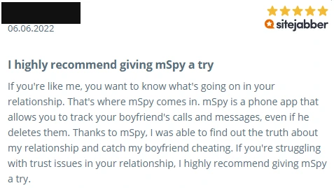 A five-star review dated 06.06.2022, headlined I highly recommend giving mSpy a try, describing using mSpy to track a boyfriend’s calls and messages.