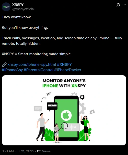 Xnspy post on X reading They won’t know. But you’ll know everything, advertising fully remote, hidden tracking of calls, messages, location and screen time on any iPhone.