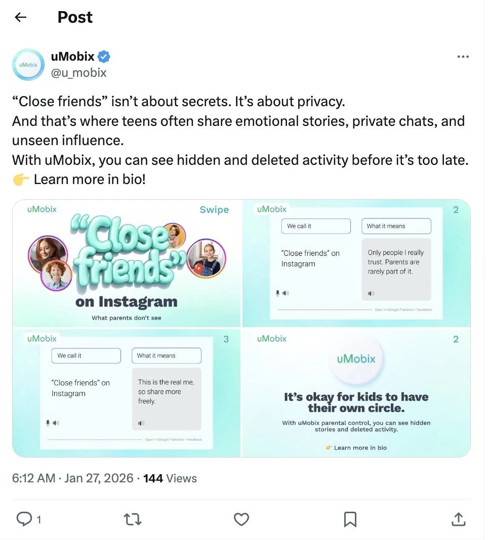 uMobix post on X saying Close friends isn’t about secrets. It’s about privacy, and promoting viewing hidden and deleted activity, above a carousel about Instagram close friends.