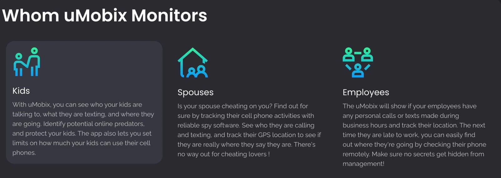 Section of the uMobix website headed Whom uMobix Monitors, with three columns: Kids, Spouses and Employees.