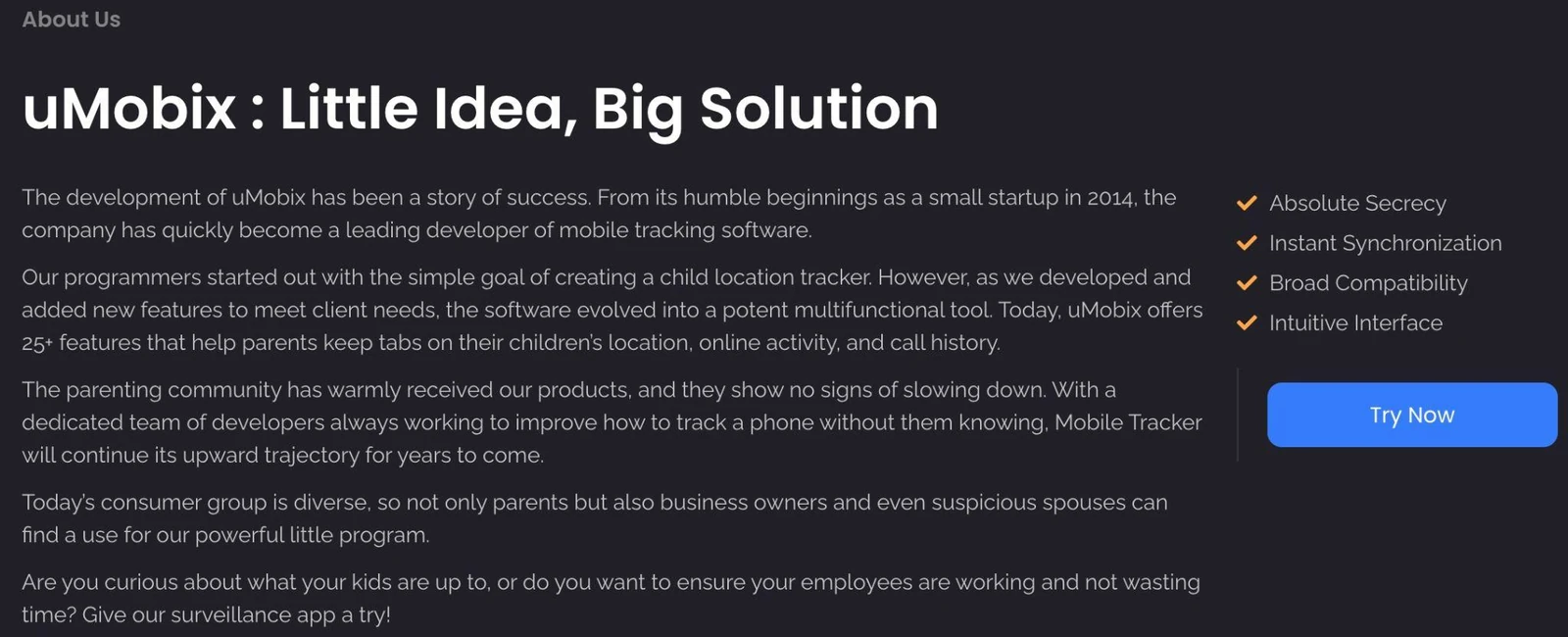 About Us section of the uMobix website headed Little Idea, Big Solution, listing features including absolute secrecy.