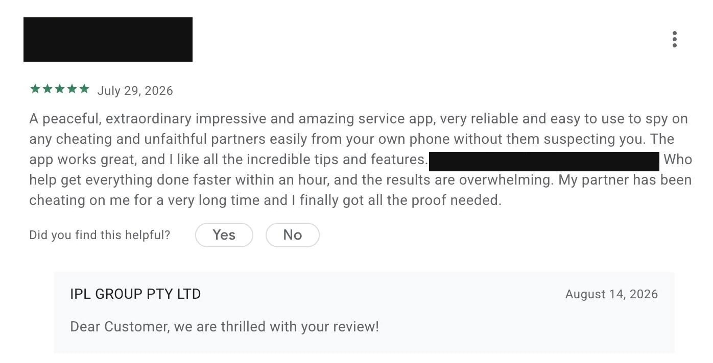 Google Play review of mLite dated July 29, 2026, describing using the app to spy on a cheating partner without them suspecting. The developer, IPL Group Pty Ltd, replied: Dear Customer, we are thrilled with your review!