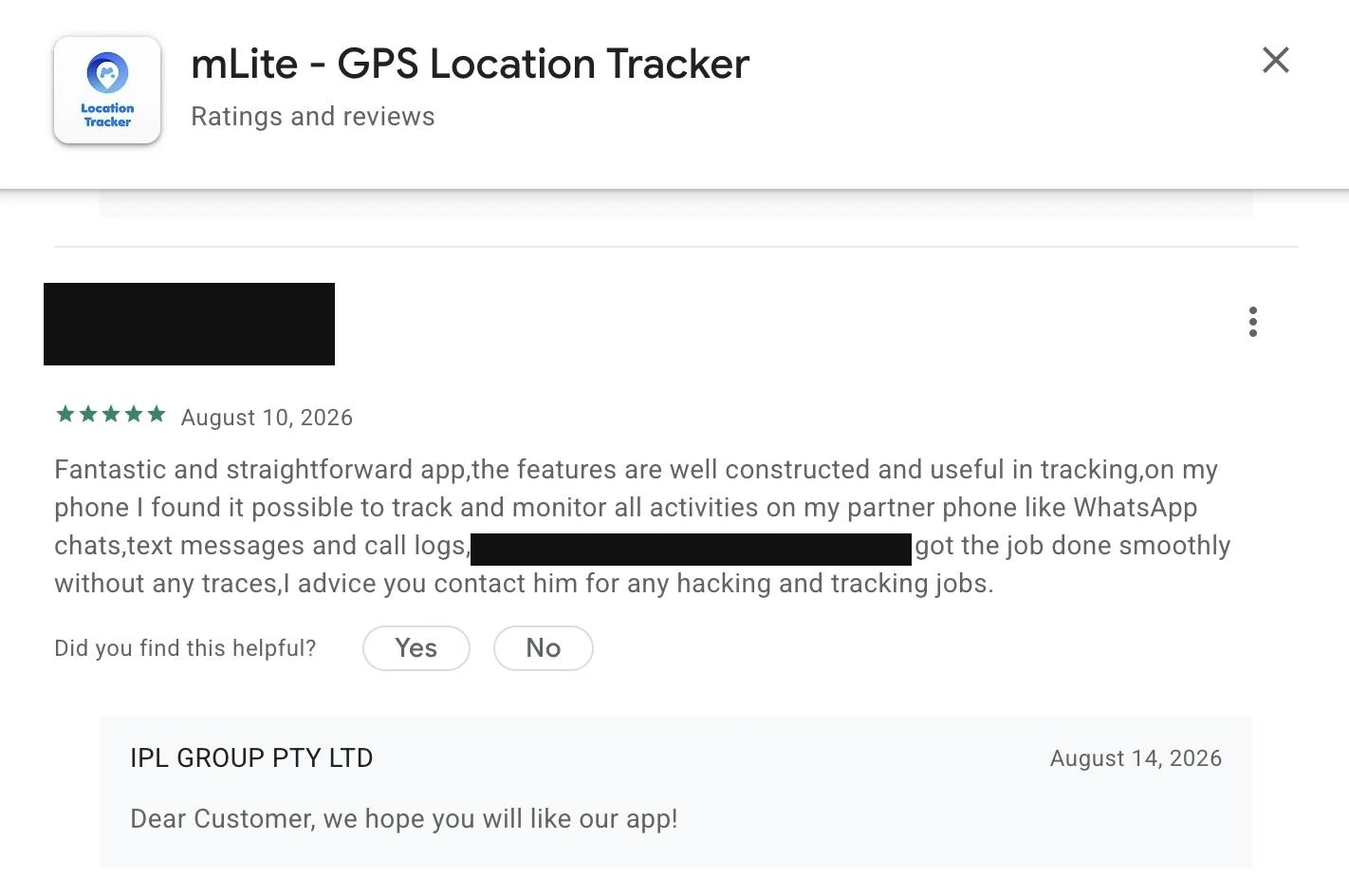 Google Play review of mLite dated August 10, 2026, describing tracking a partner’s WhatsApp chats, text messages and call logs. The developer replied: Dear Customer, we hope you will like our app!