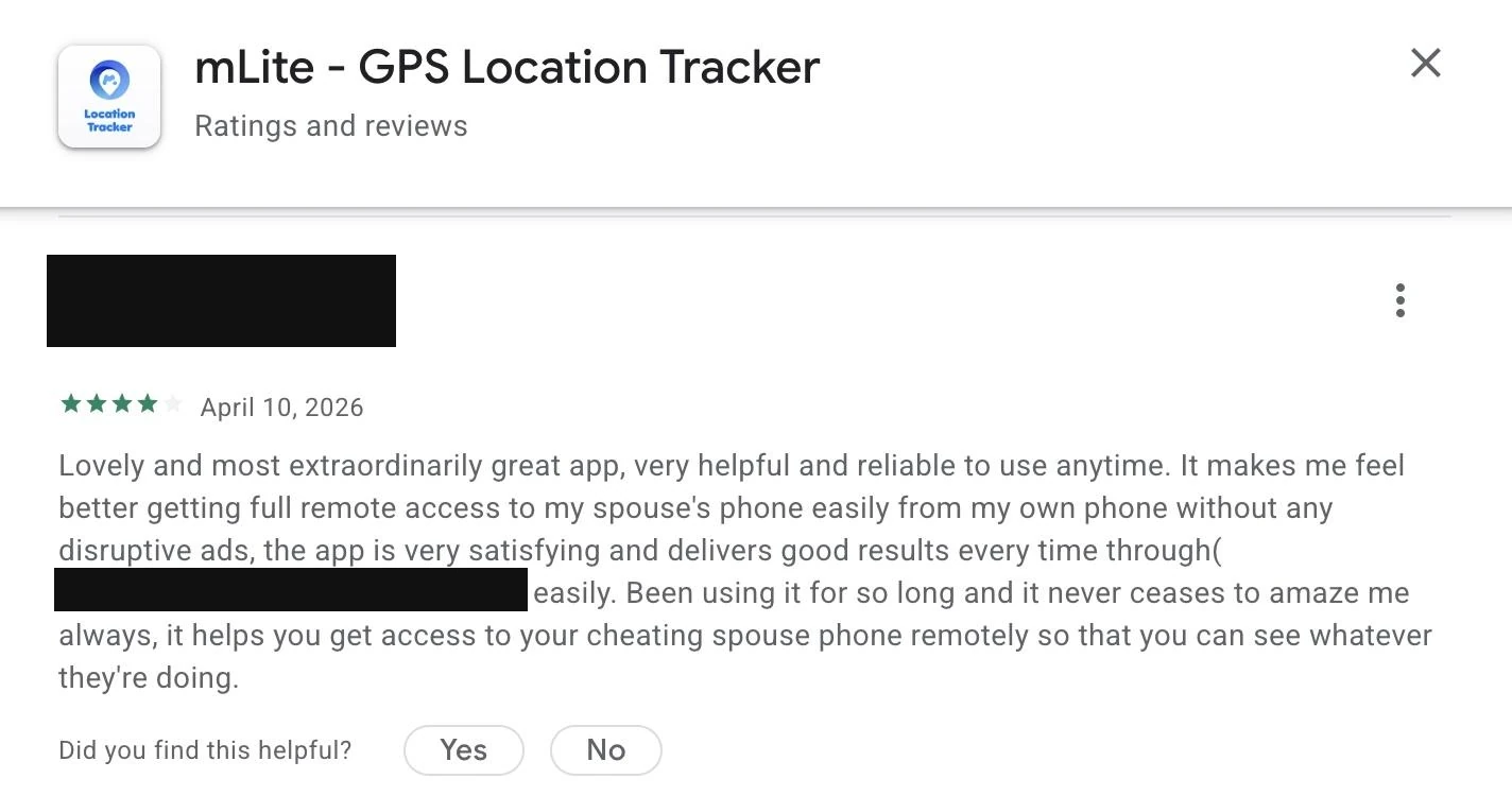 Google Play review of mLite dated April 10, 2026, describing gaining full remote access to a spouse’s phone.