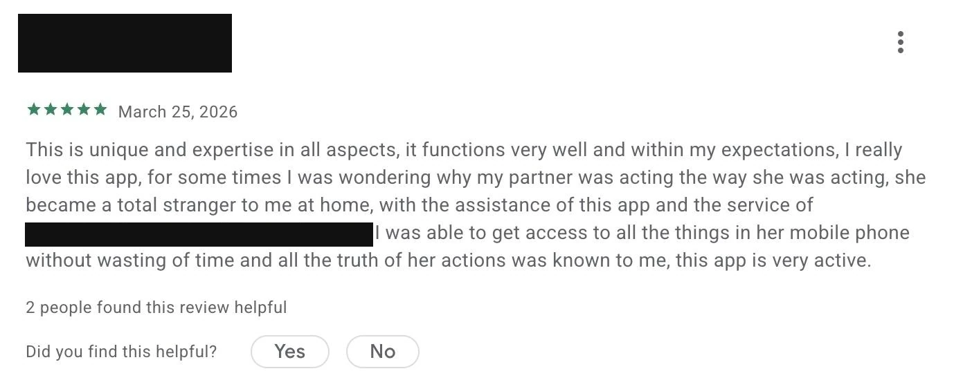 Google Play review of mLite dated March 25, 2026, describing using the app to access everything on a partner’s phone.