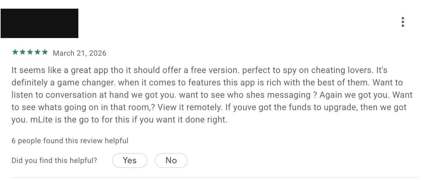 Google Play review of mLite dated March 21, 2026, calling it perfect to spy on cheating lovers and to listen to conversations remotely.
