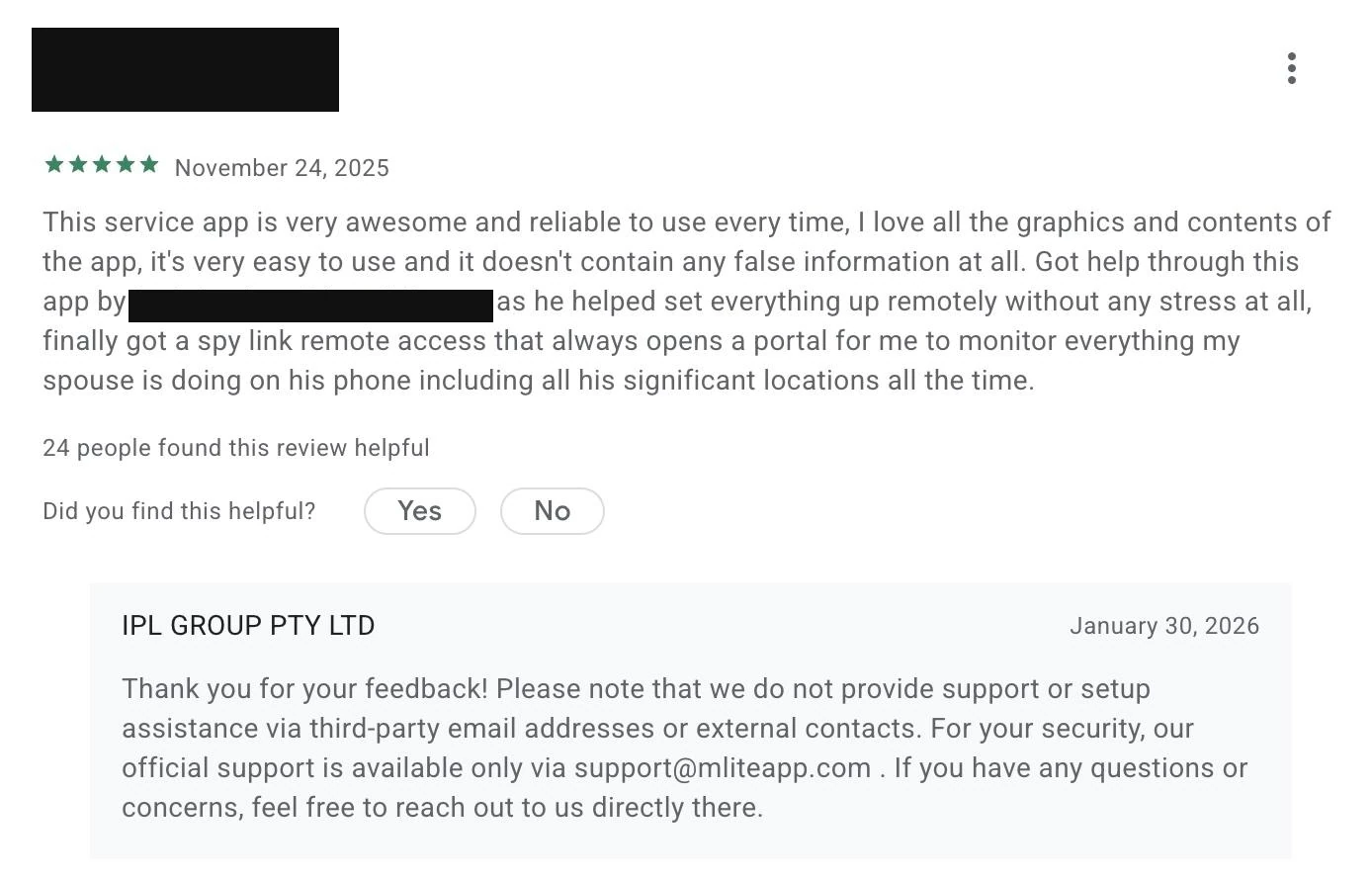 Google Play review of mLite dated November 24, 2025, describing monitoring a spouse’s phone, with a developer reply dated January 30, 2026 pointing to official support channels.