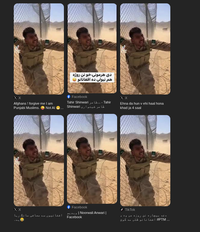 Screenshots of the AI-generated barbed-wire video as posted on TikTok, Facebook and X.