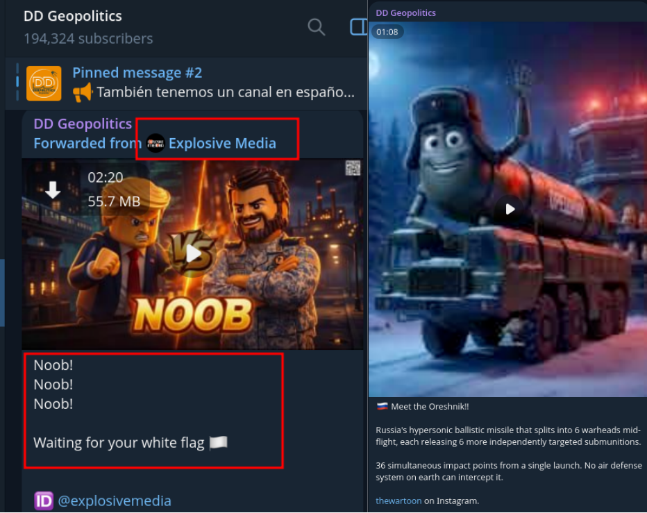 Cross-channel promotion of Explosive Media and thewartoon content within the DD Geopolitics Telegram network.