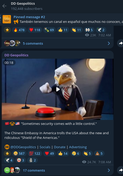 The same propaganda image reposted on the DD Geopolitics Telegram channel.