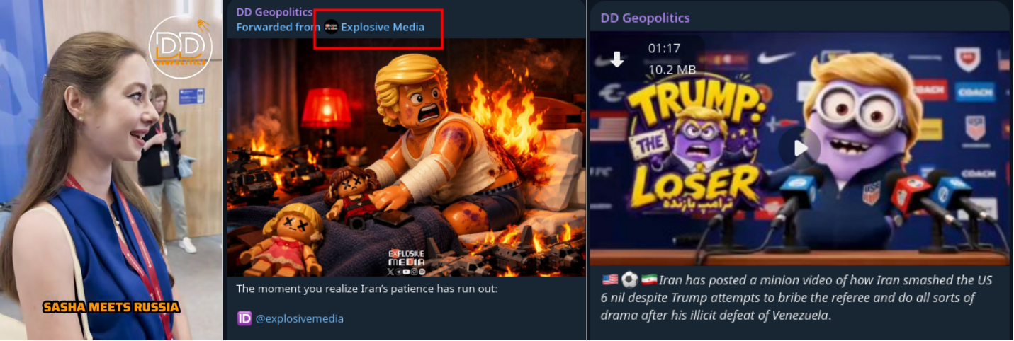 Cross-channel promotion of Sasha Meets Russia and Explosive Media content via the DD Geopolitics Telegram channel.
